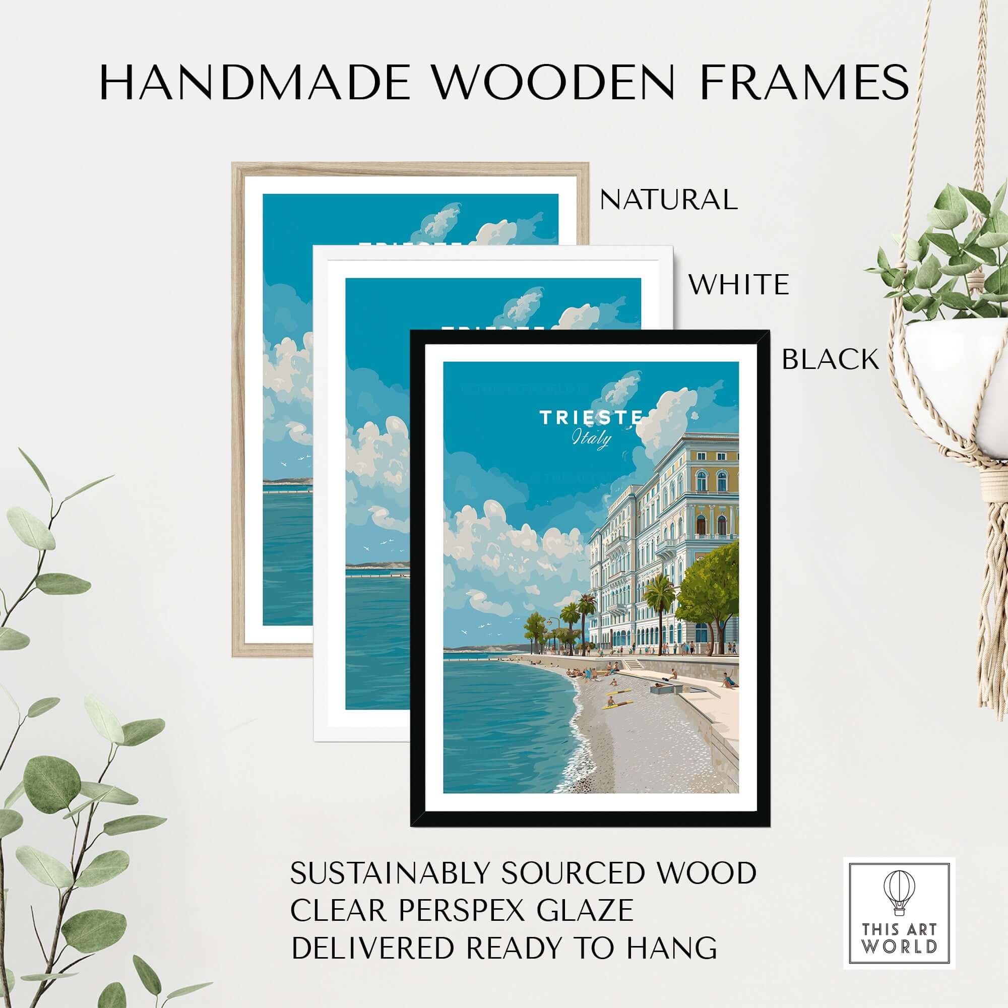 Trieste Italy Poster - Beach Scene Wall Art displayed in natural, white, and black handmade wooden frames.