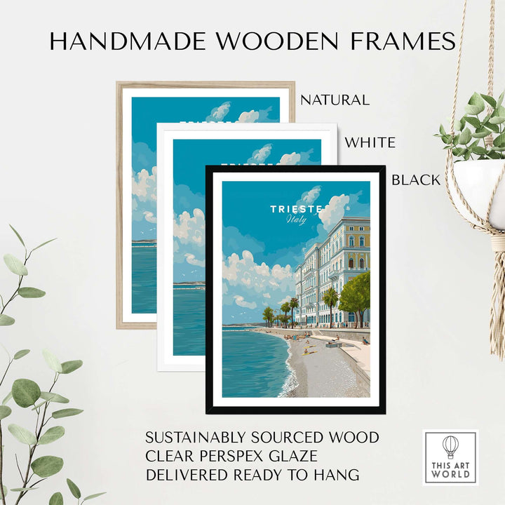 Handmade wooden frames in natural, white, and black colors for Trieste Italy beach scene poster.
