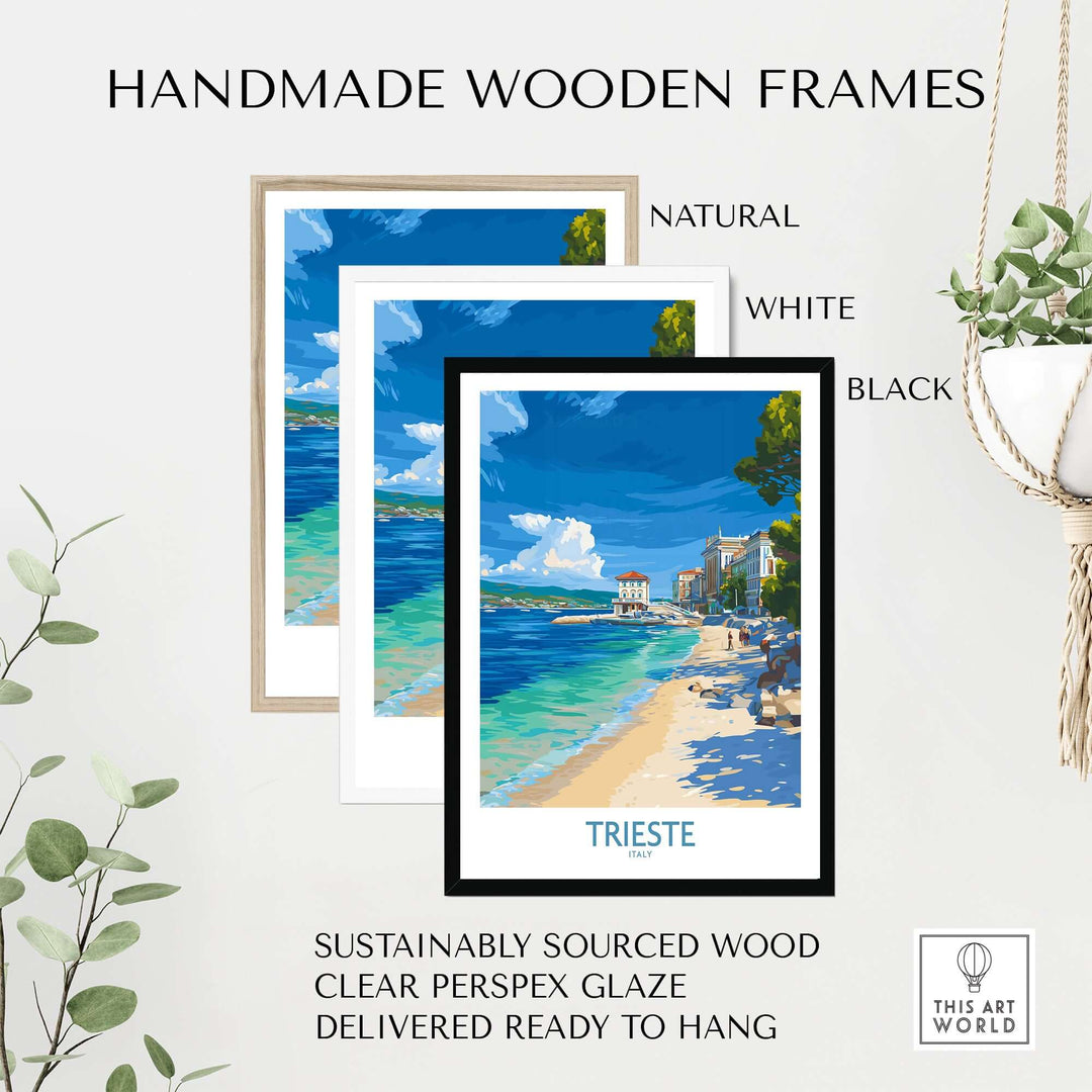 Handmade wooden frames in natural, white, and black for Trieste Italy beach poster, showcasing sustainable design and clear glaze.