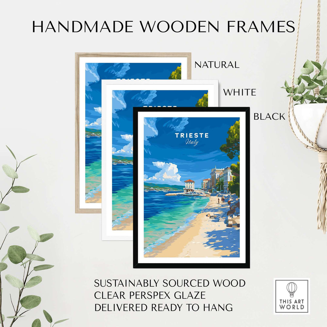 Handmade wooden frames in natural, white, and black for Trieste Italy beach print, sustainably sourced and ready to hang.