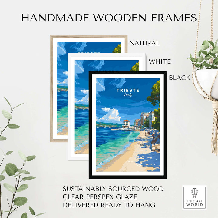 Handmade wooden frames in natural, white, and black for Trieste Italy beach print, sustainably sourced and ready to hang.