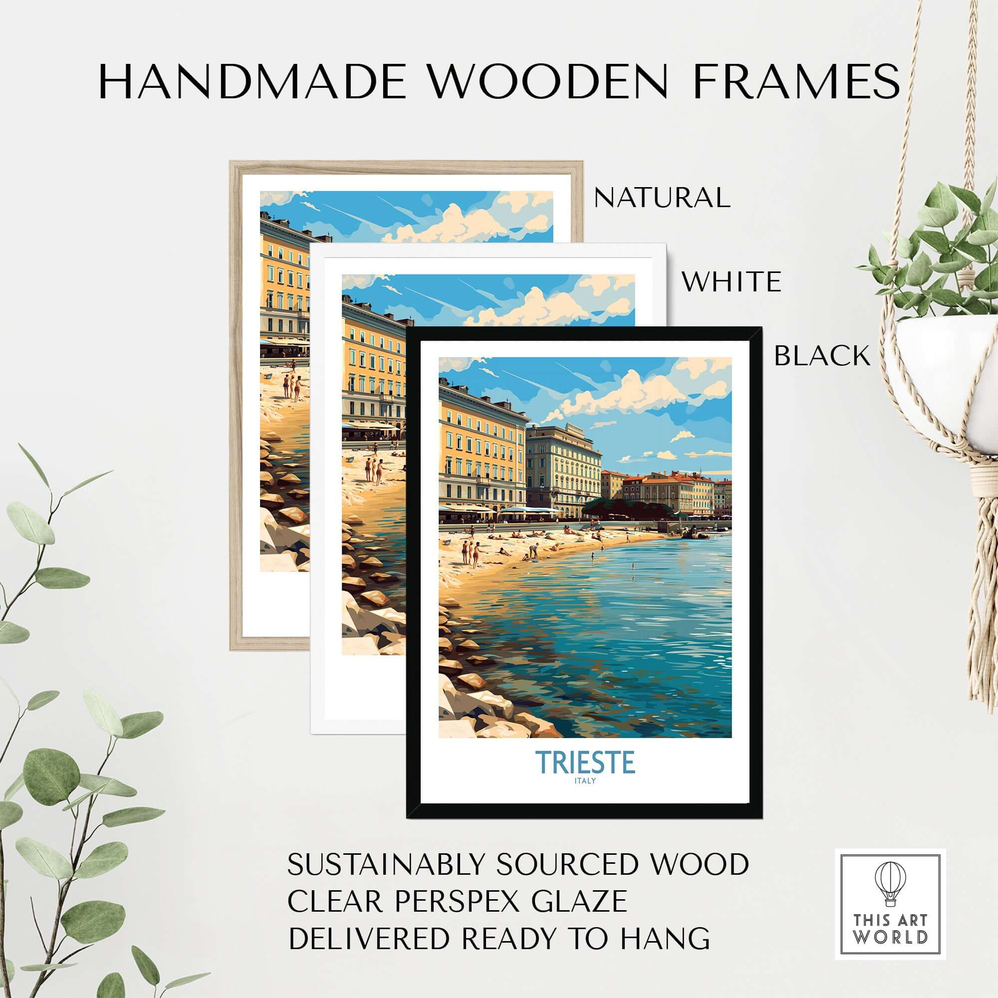 Trieste Italy Wall Art - Italian Travel Poster displayed in handmade wooden frames in natural, white, and black options.