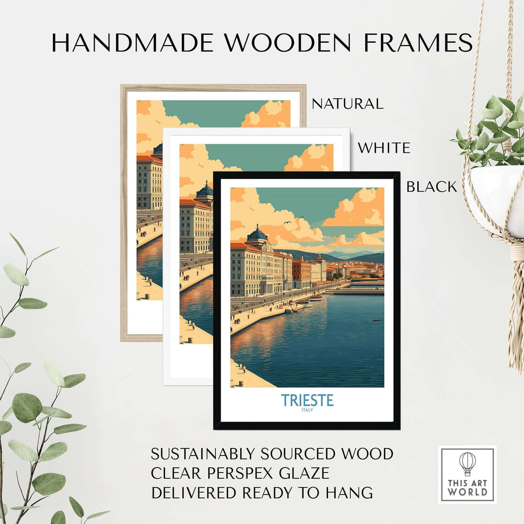 Handmade wooden frames for Trieste Italy wall art in natural, white, and black finishes showcased with greenery.
