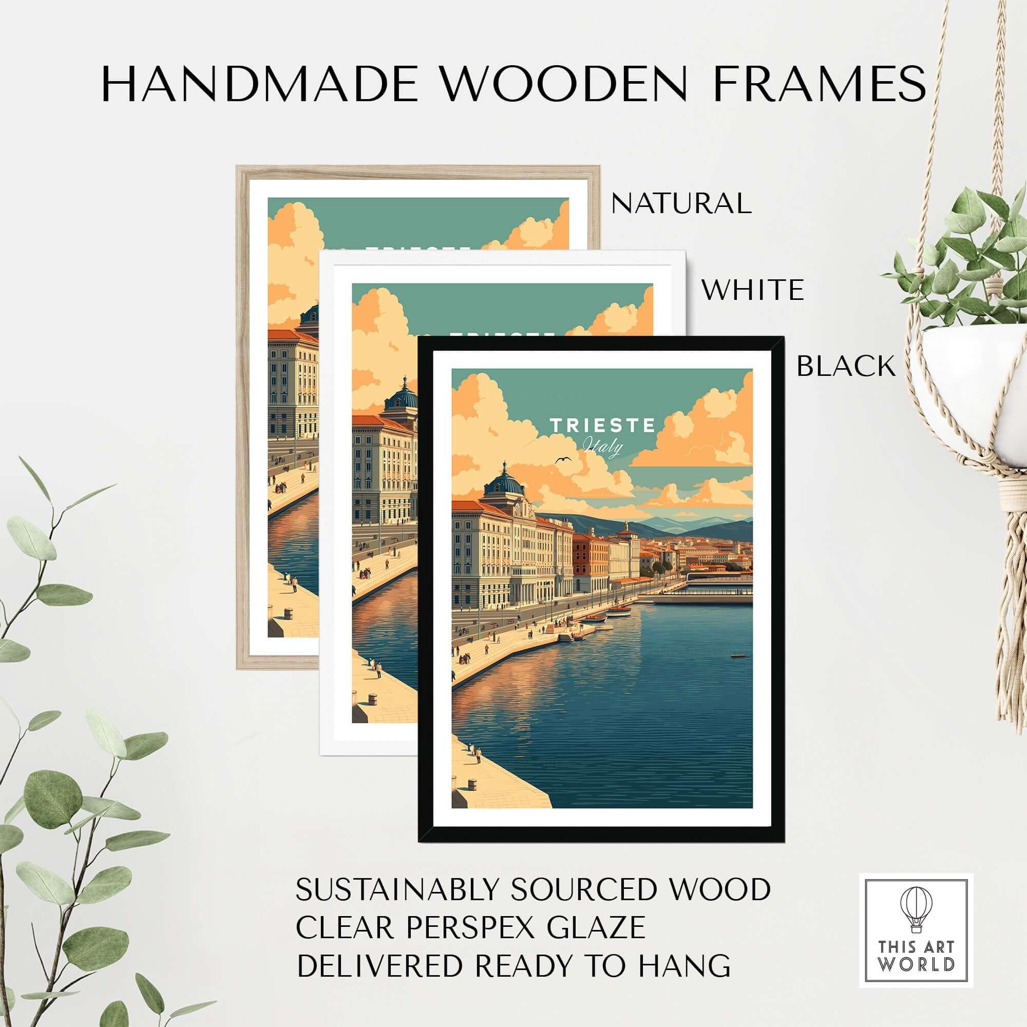 Trieste Italy Print showcased in handmade wooden frames, available in natural, white, and black finishes.