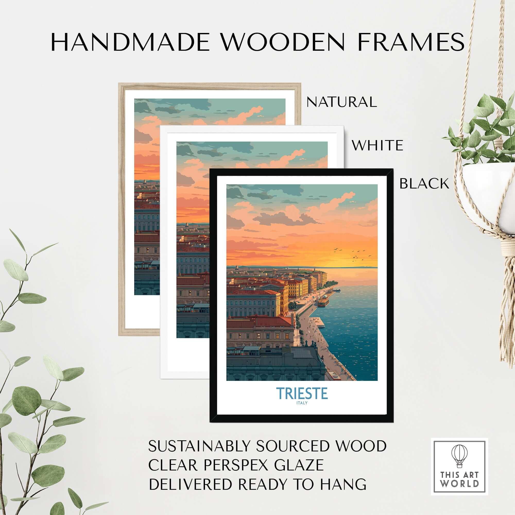 Trieste Italy Wall Art - Italian Evening Poster in handmade wooden frames; natural, white, and black options.