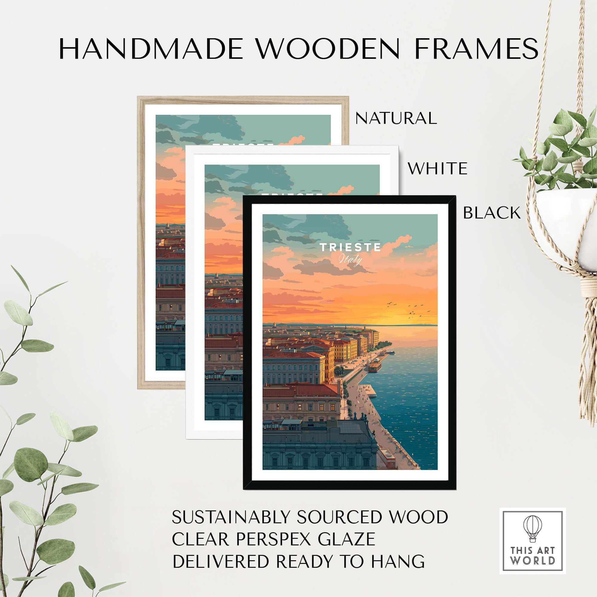 Handmade wooden frames in natural, white, and black for Trieste Italy Coastal Sunset Skyline Poster - Adriatic Seascape Print.