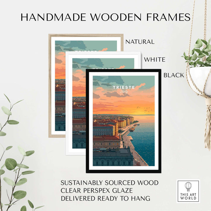 Handmade wooden frames in natural, white, and black for Trieste Italy Coastal poster, featuring sustainable materials.