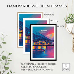 Handmade wooden frames in natural, white, and black styles for the Tromsø Arctic City Lights and Aurora Sky Print.