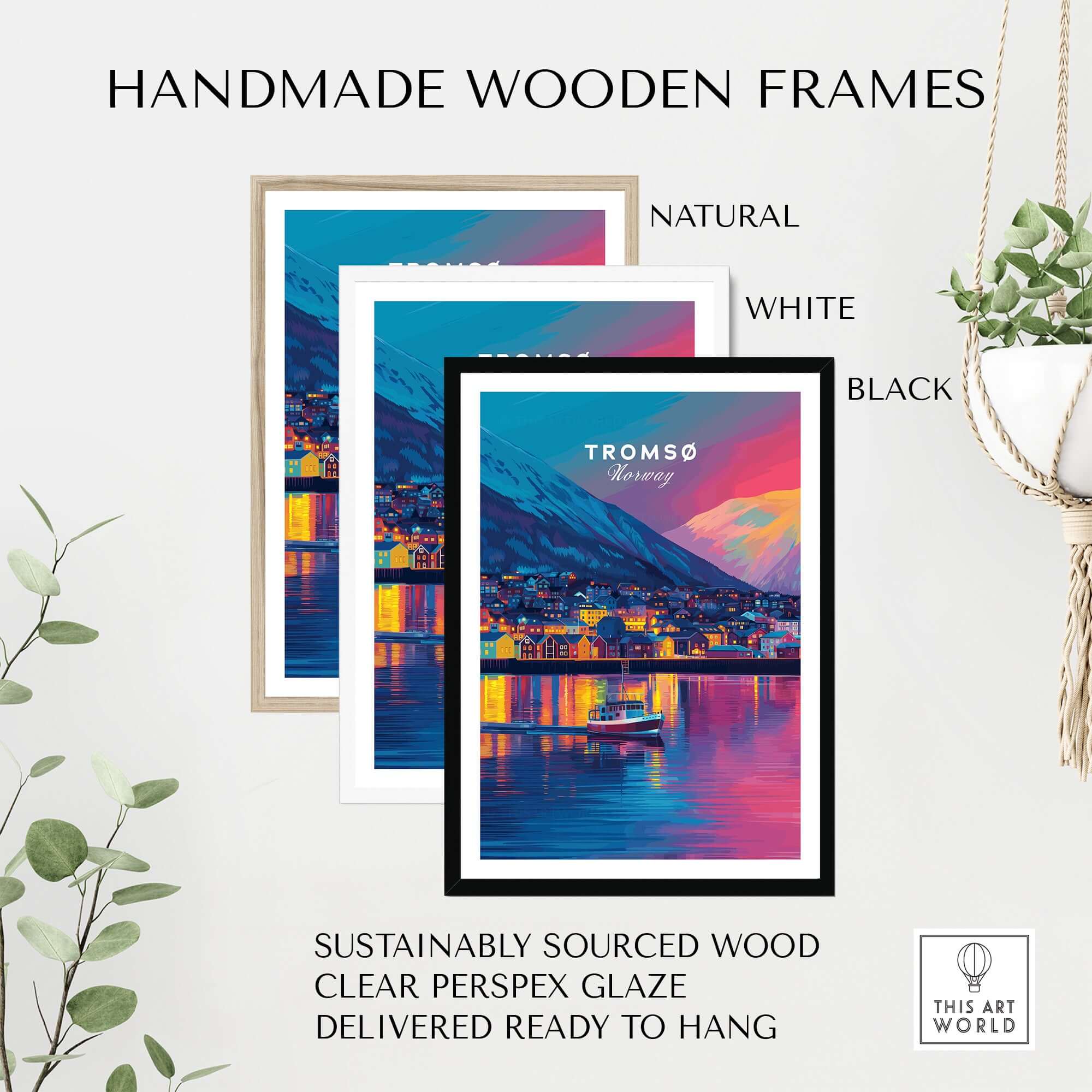 Handmade wooden frames in natural, white, and black styles for the Tromsø Arctic City Lights and Aurora Sky Print.
