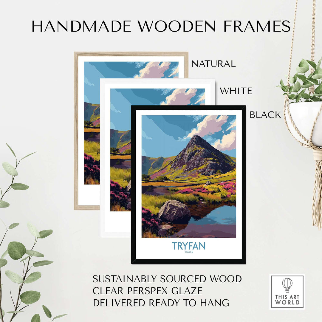 Handmade wooden frames in natural, white, and black for Tryfan Wales artwork, sustainably sourced and ready to hang.