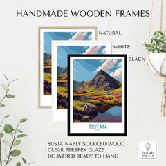 Tryfan Wales Heather Fields Peak Poster - Welsh Wilderness Decor framed in handmade wooden frames in natural, white, and black.