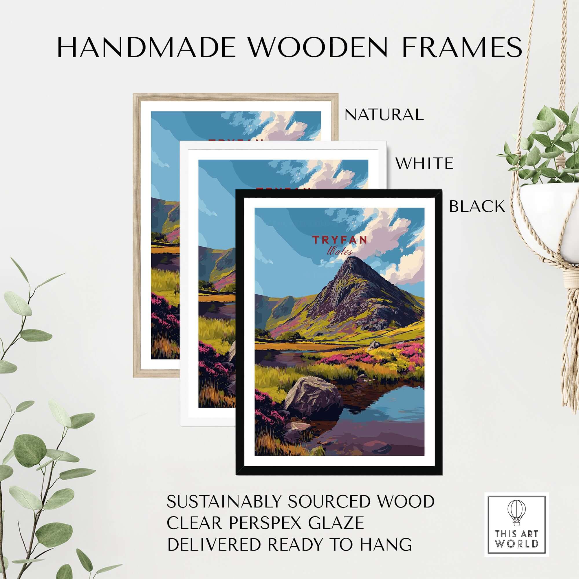 Tryfan Wales Mountain Landscape Print - Snowdonia Valley Wall Art in handmade wooden frames