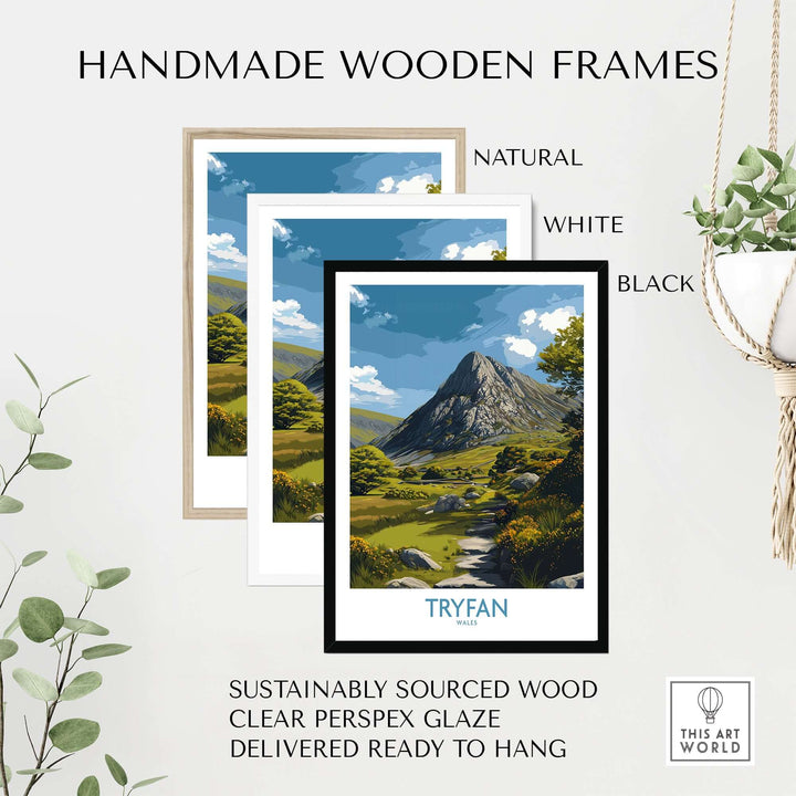 Handmade wooden frames in natural, white, and black, perfect for displaying Tryfan wall art from Snowdonia.