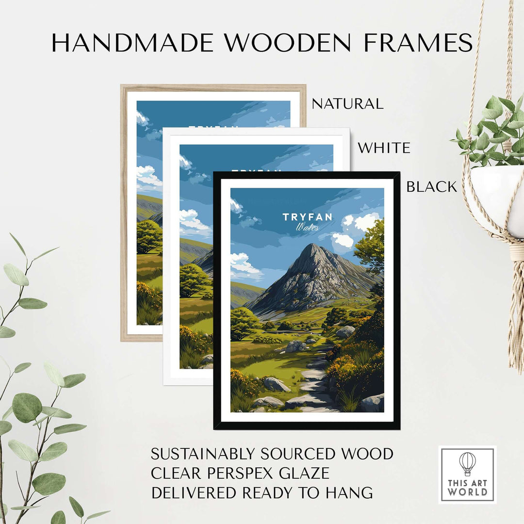 Handmade wooden frames in natural, white, and black finishes for Tryfan mountain art print with clear glaze.
