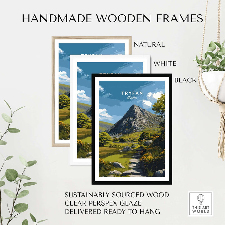 Handmade wooden frames in natural, white, and black finishes for Tryfan mountain art print with clear glaze.
