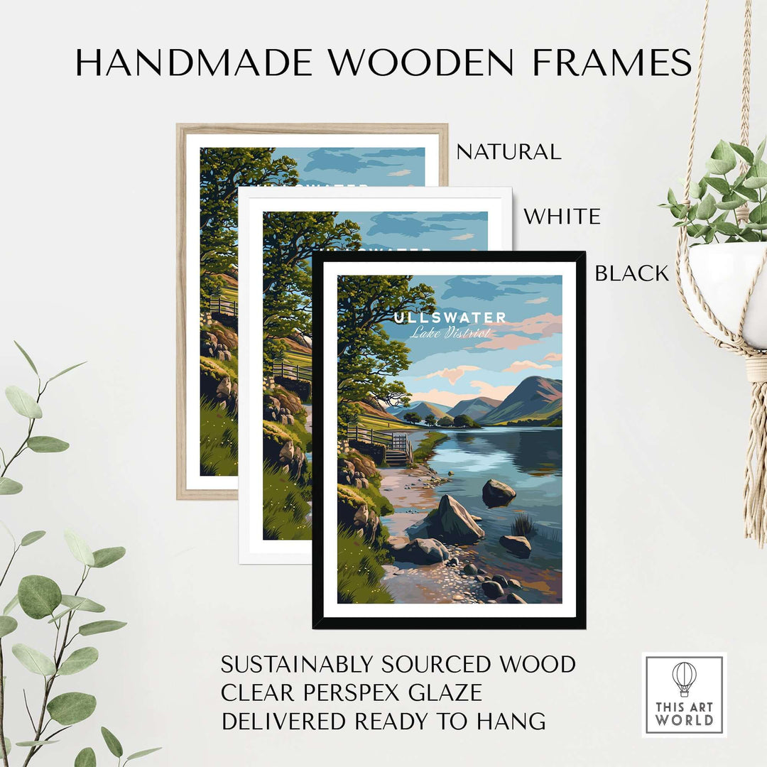 Handmade wooden frames in natural, white, and black for Ullswater Lake District print, made from sustainably sourced wood.