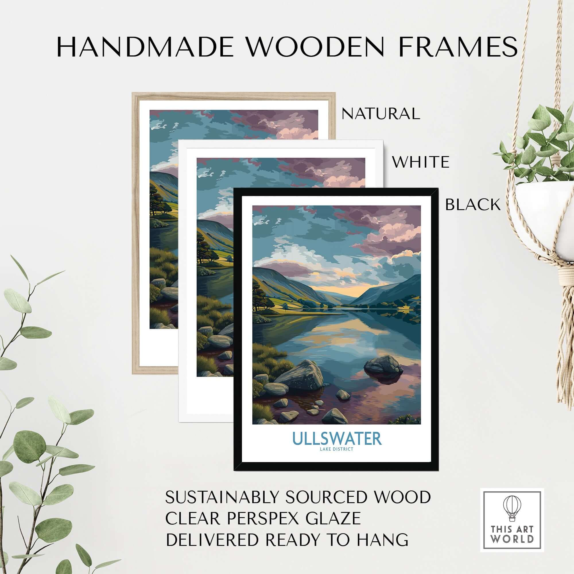 Ullswater Lake District Tranquil Lake View Poster - Scenic UK Landscape Decor in handmade wooden frames.