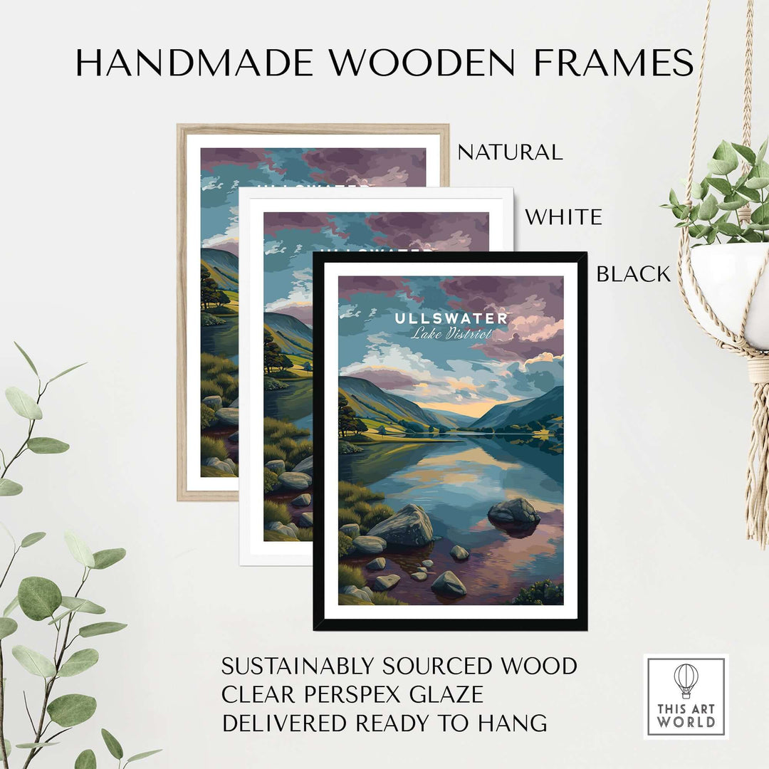 Three handmade wooden frames in natural, white, and black showcasing Ullswater Lake District art print.