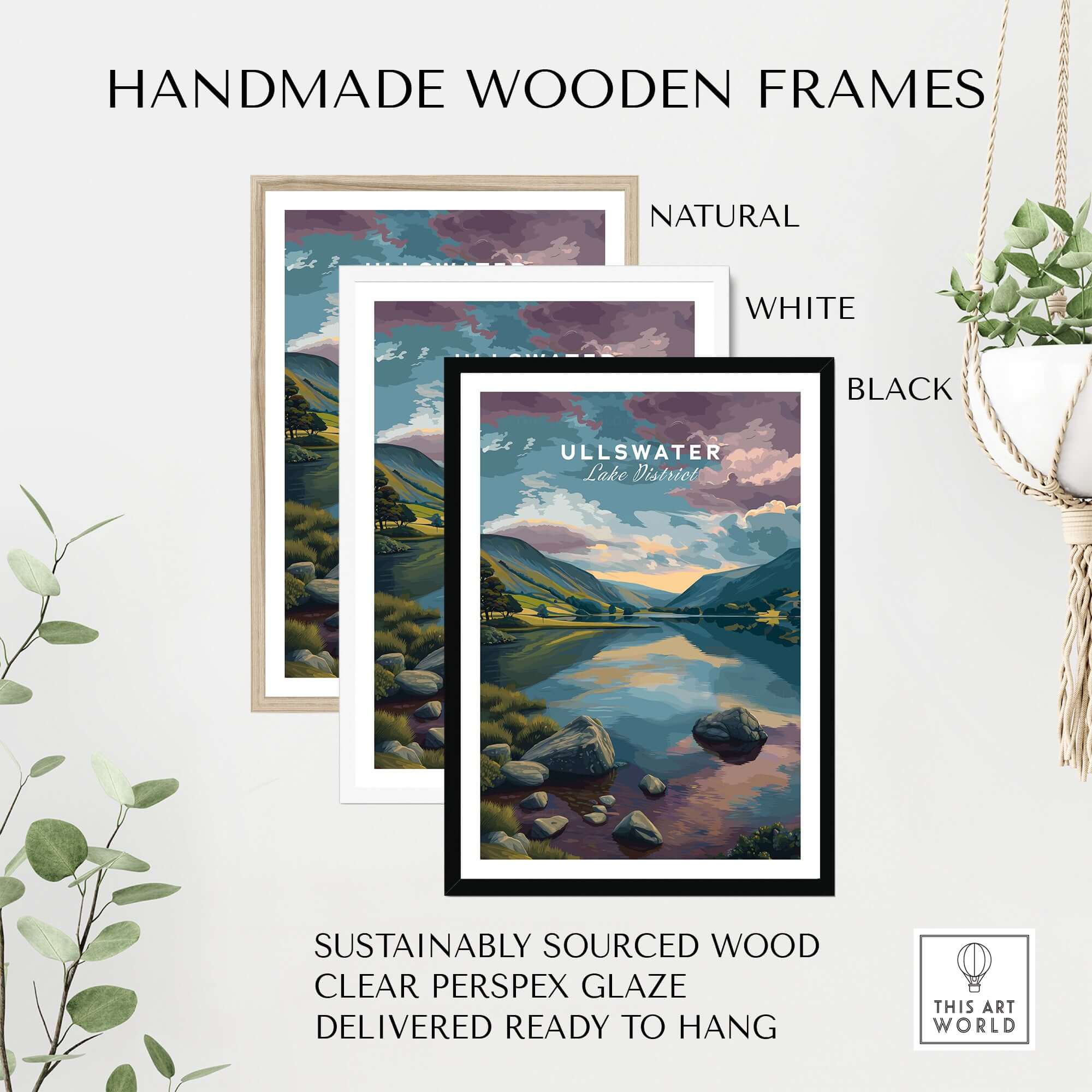 Ullswater Lake District Sunset Reflection Print - Cumbria Lakeside Wall Art framed in handmade natural, white, and black frames.