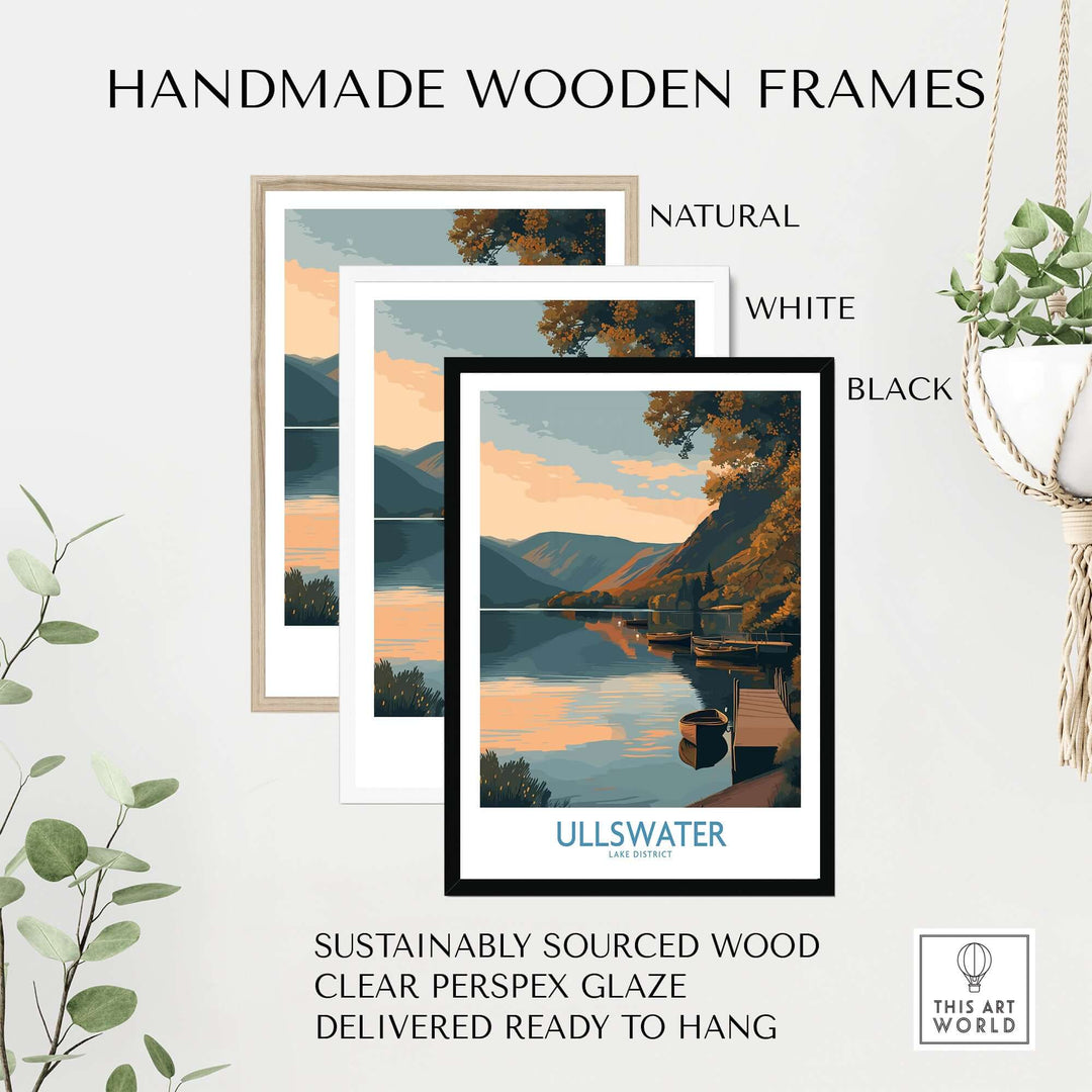 Handmade wooden frames for Ullswater Lake District wall art in natural, white, and black finishes.