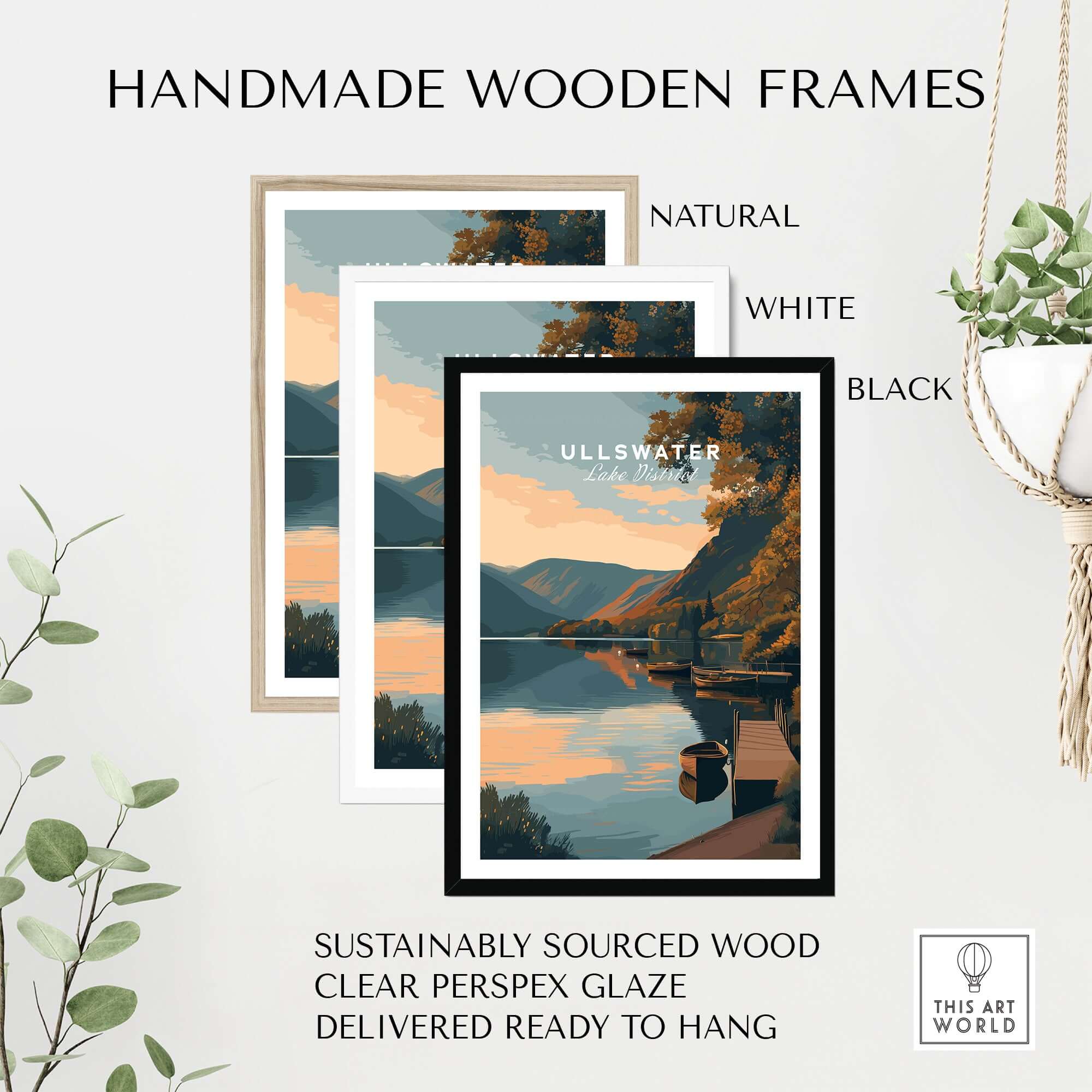 Handmade wooden frames in natural, white, and black finishes showcasing Ullswater Lake District Lakeside Boats Poster.