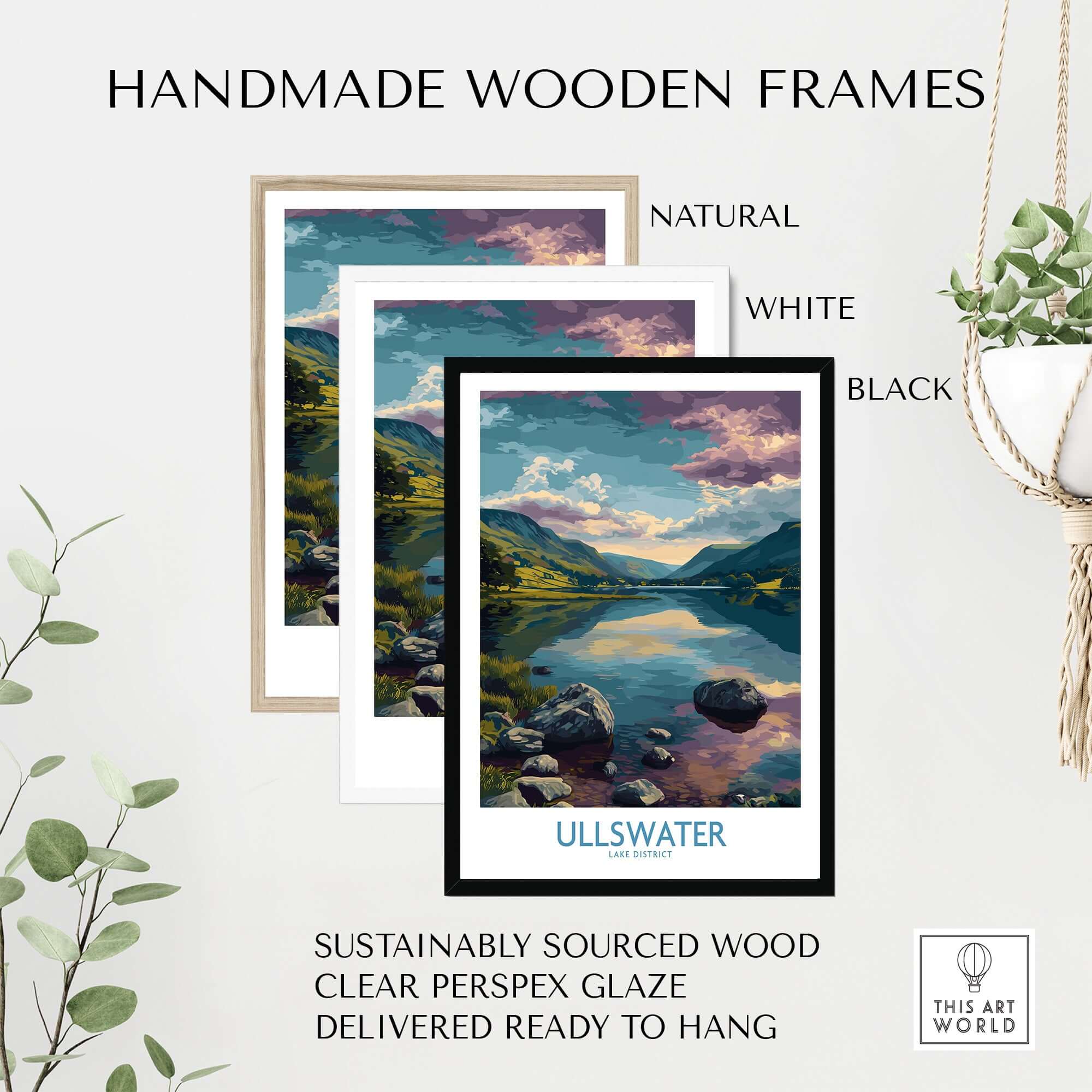 Handmade wooden frames for Ullswater Lake District Rocky Shoreline Poster - UK Nature Travel Decor in natural, white, and black.