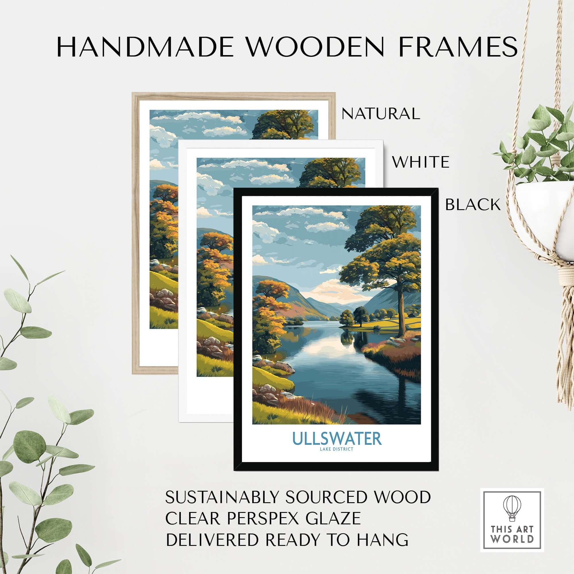 Ullswater Lake District Autumn Trees Landscape Wall Art - UK Lake District Decor framed in natural, white, and black handmade wooden frames.