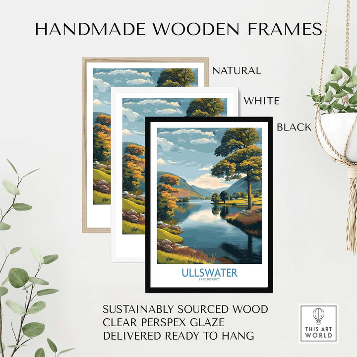 Handmade wooden frames in natural, white, and black for Ullswater Lake District landscape art, ready to hang.