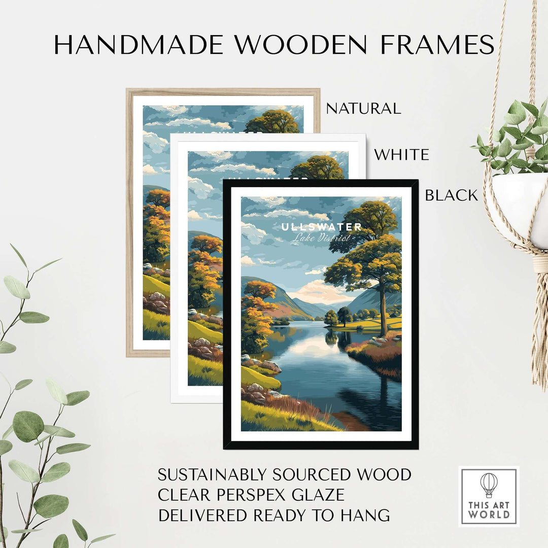 Handmade wooden frames in natural, white, and black for Ullswater Lake District print, sustainably sourced and ready to hang.