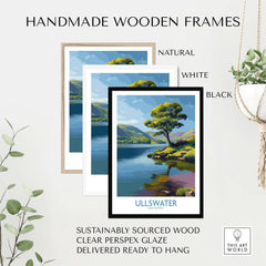 Ullswater Lake District Green Hillside Poster - Scenic UK Travel Decor with handmade wooden frames in natural, white, and black.