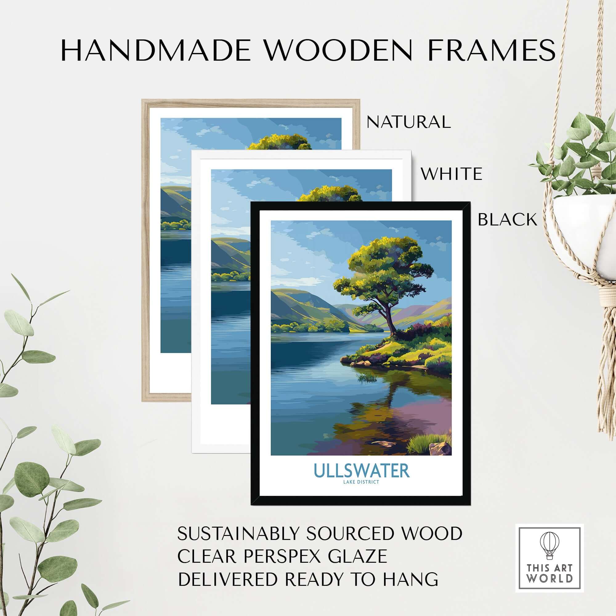 Ullswater Lake District Green Hillside Poster - Scenic UK Travel Decor with handmade wooden frames in natural, white, and black.