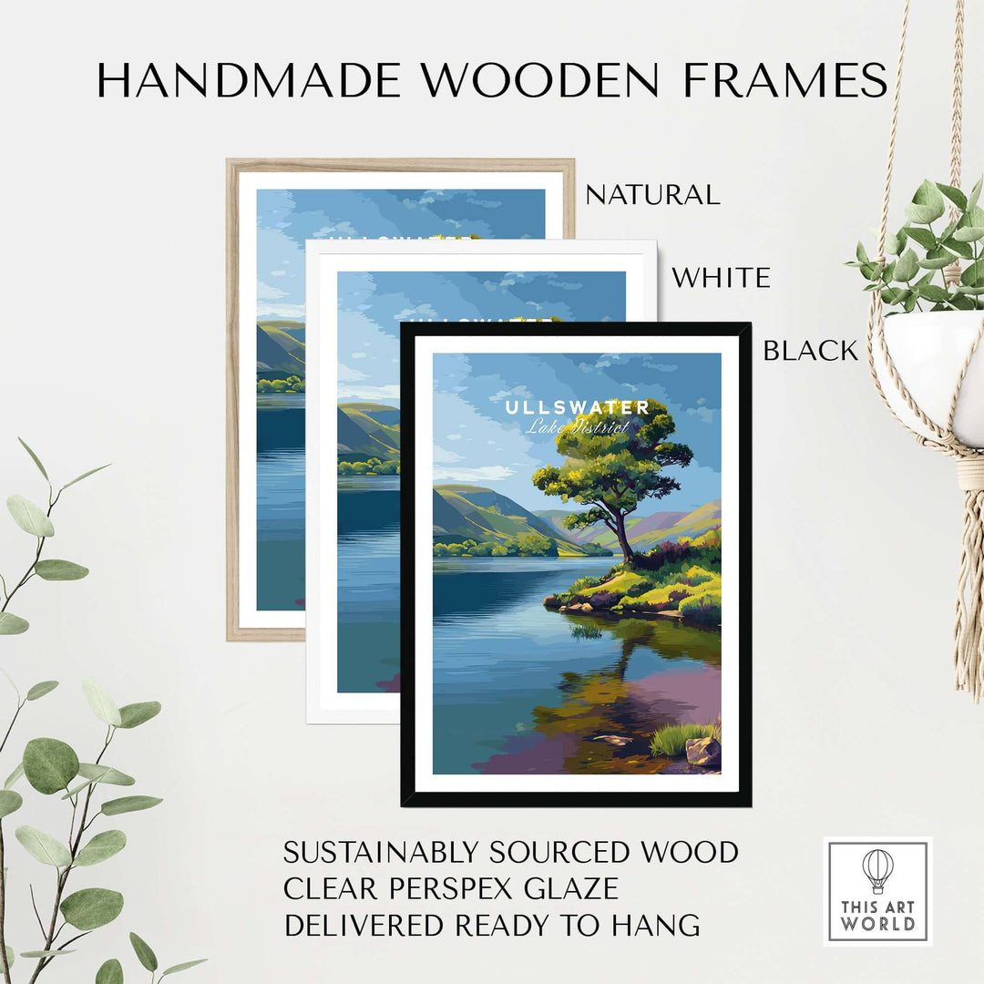 Handmade wooden frames in natural, white, and black for Ullswater Tree Print, ready to hang.