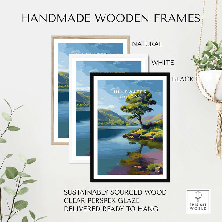 Handmade wooden frames in natural, white, and black for Ullswater Tree Print, ready to hang.