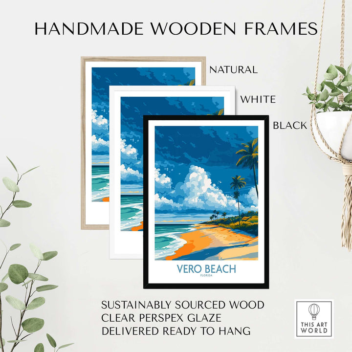 Vero Beach coastal landscape print in natural, white, and black handmade wooden frames, ready to hang.
