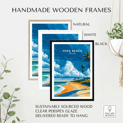 Vero Beach Florida Palm Tree Beach Poster - Tropical Seascape Wall Art in handmade wooden frames