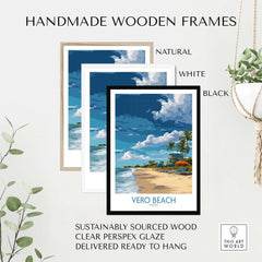 Vero Beach Sunny Beach Umbrellas and Sun Loungers Poster - Florida Vacation Decor in handmade wooden frames