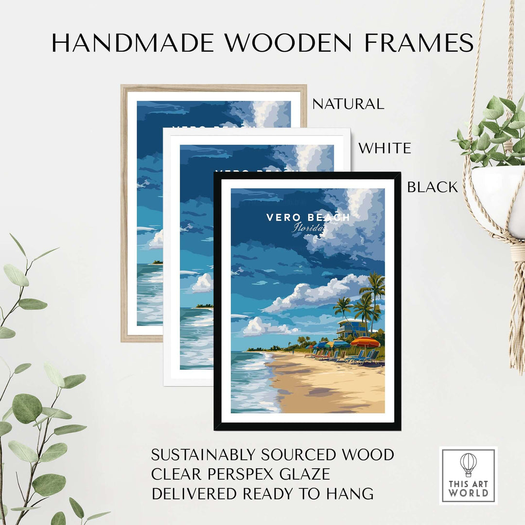 Handmade wooden frames in natural, white, and black for Vero Beach wall art, sustainably sourced wood, ready to hang.