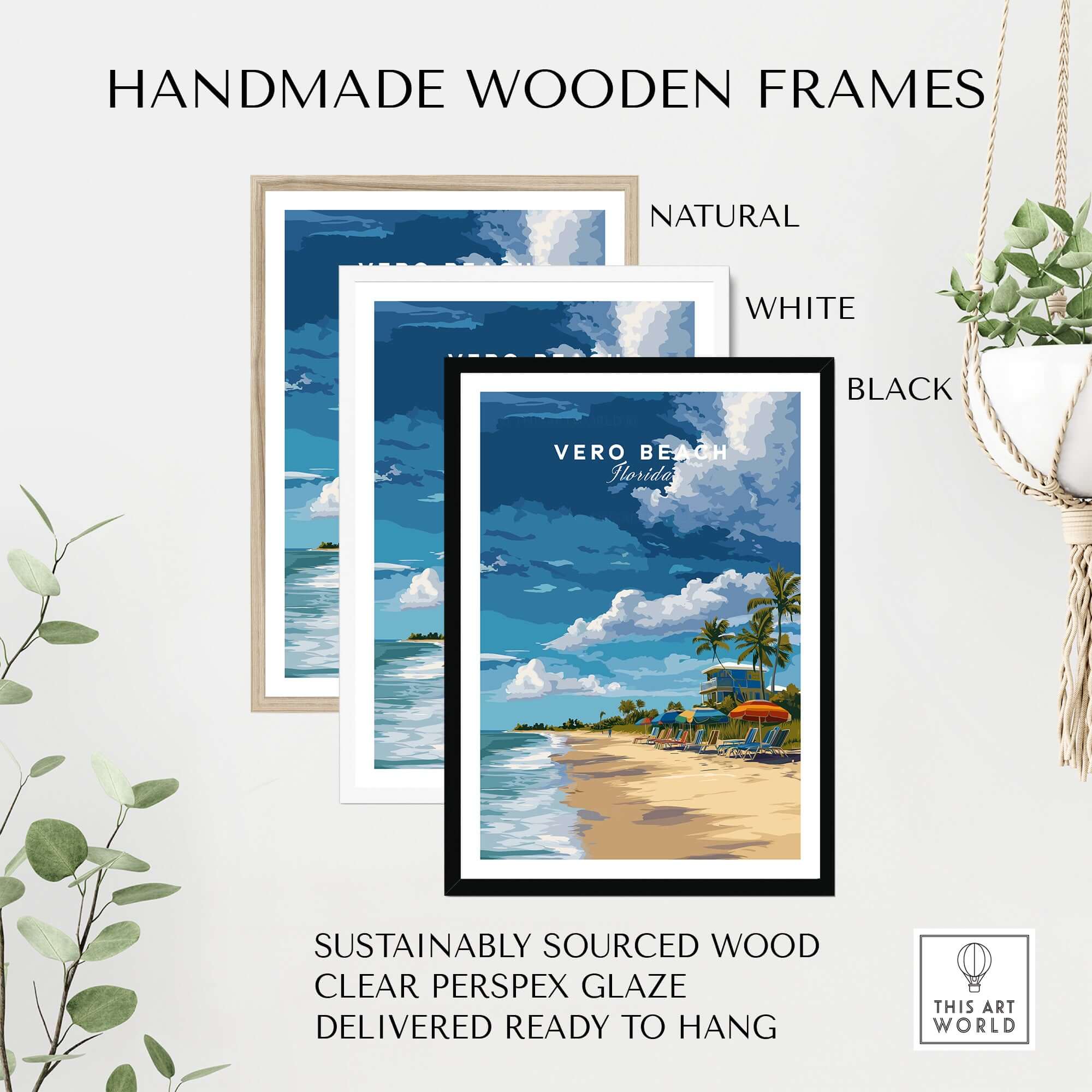 Vero Beach Florida Beachfront Resort Print - Lifeguard Station Wall Art framed in natural, white, and black wooden frames.