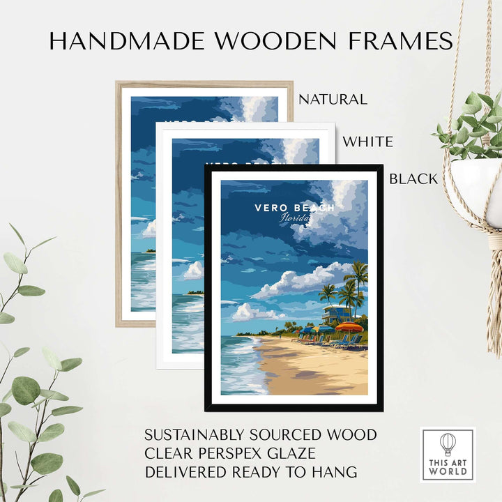 Handmade wooden frames in natural, white, and black for Vero Beach wall art, sustainably sourced wood, ready to hang.