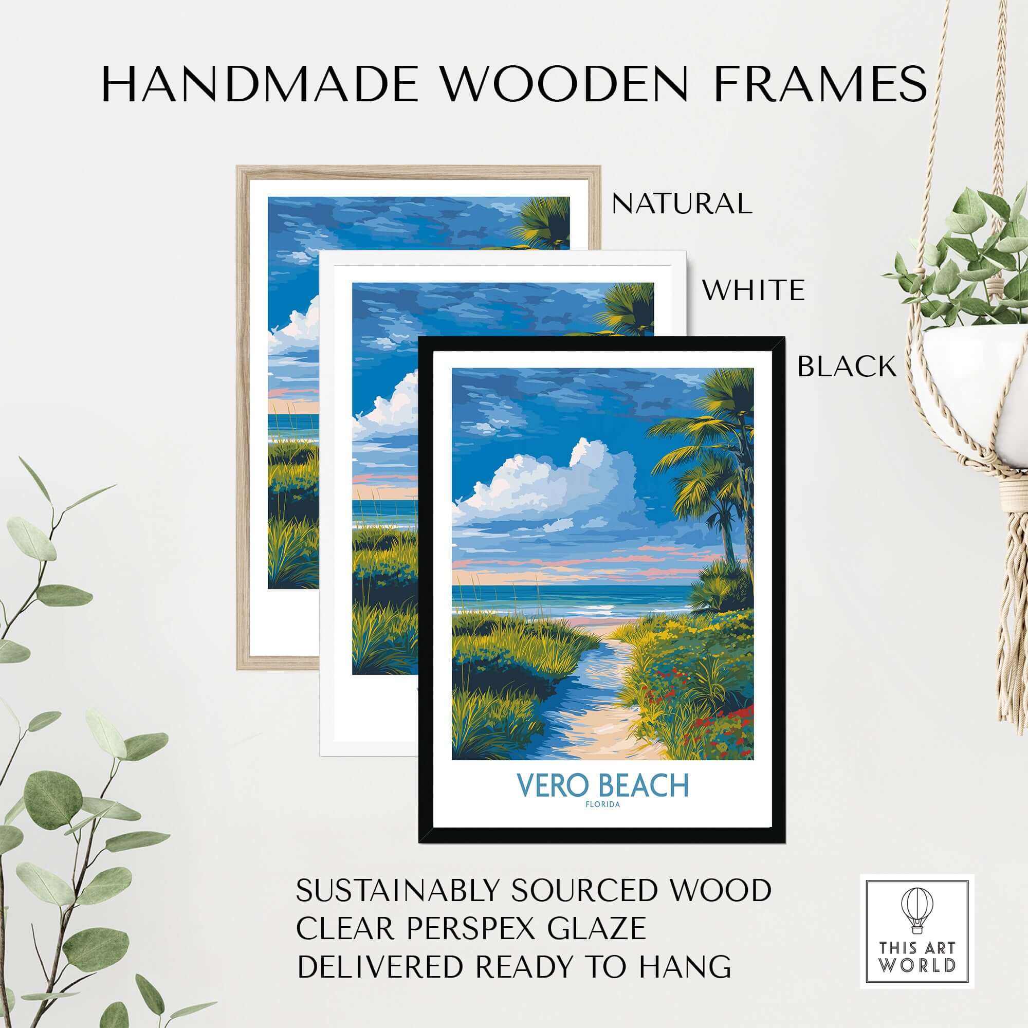Vero Beach Ocean View Poster - Florida Nature Decor displayed in handmade wooden frames.