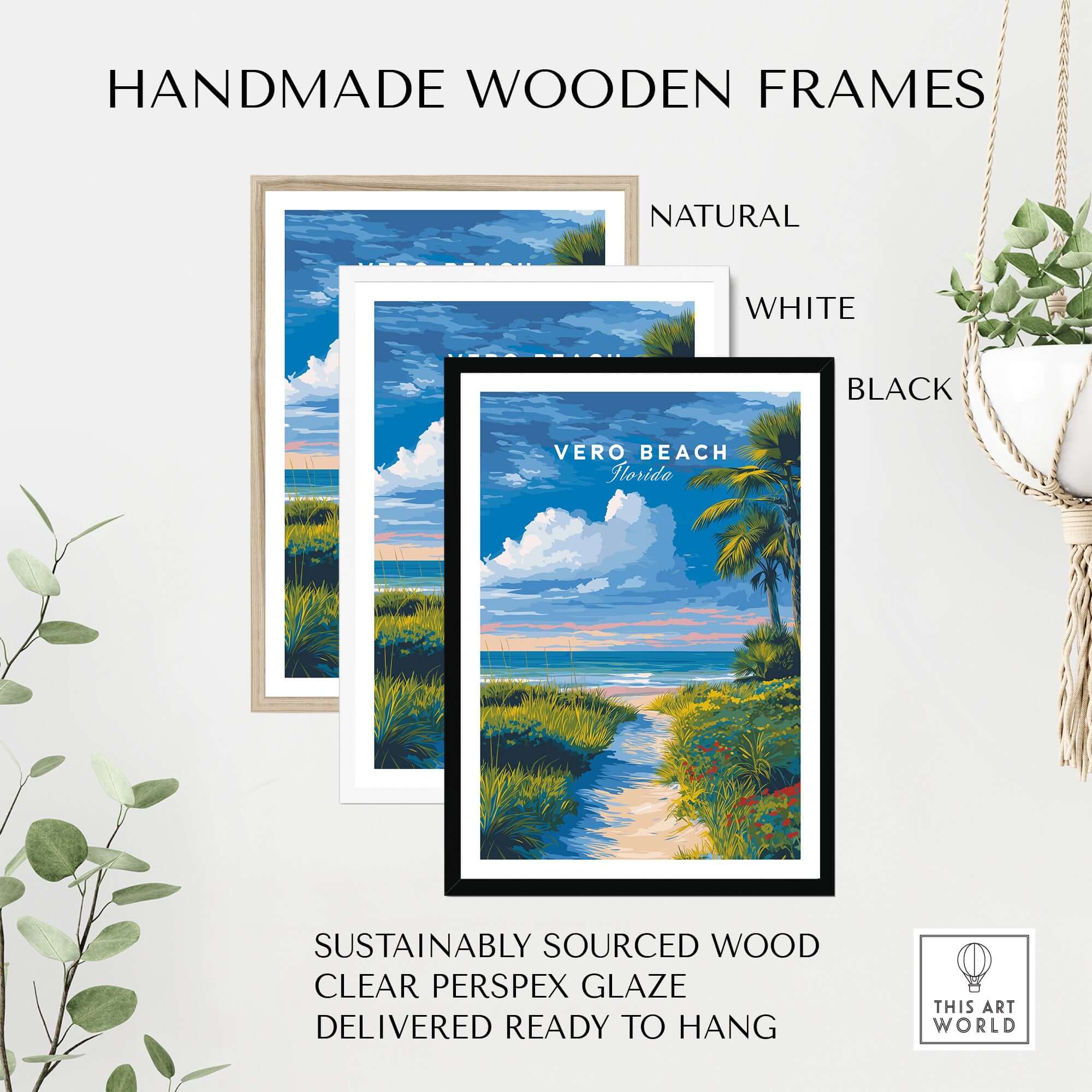 Vero Beach Florida Path to Beach Print - Coastal Flowers Wall Art displayed in handmade wooden frames in natural, white, and black.