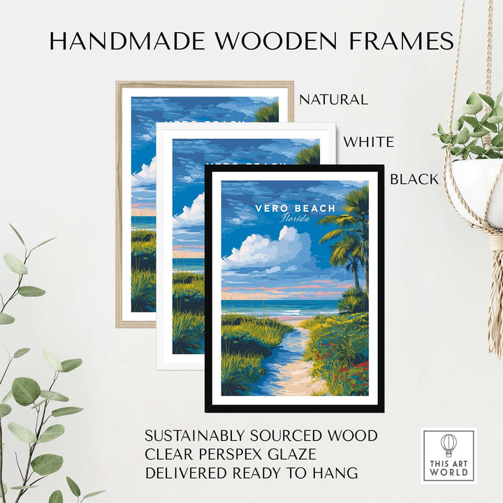 Handmade wooden frames in natural, white, and black, showcasing Vero Beach art, sustainably sourced and ready to hang.