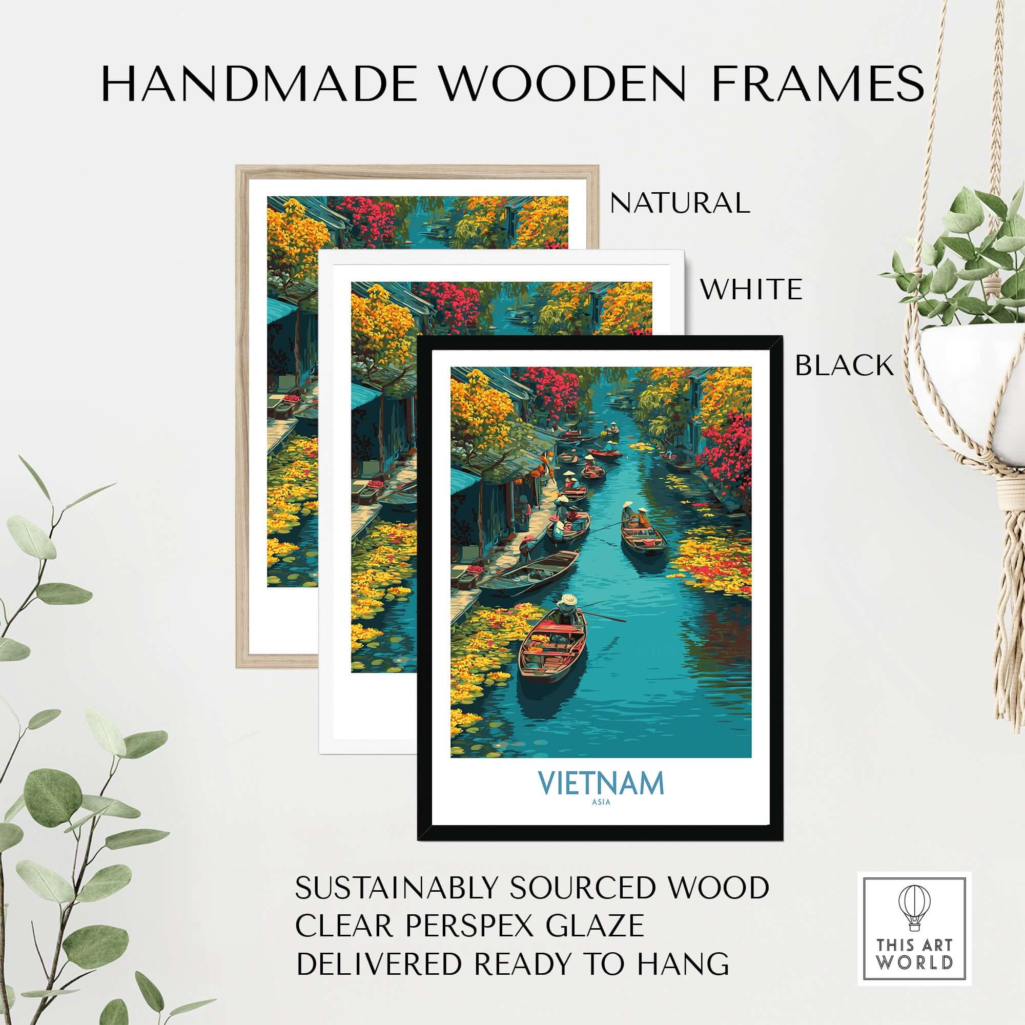 Vietnam Poster - Southeast Asia Travel Print displayed in handmade wooden frames in natural, white, and black finishes.