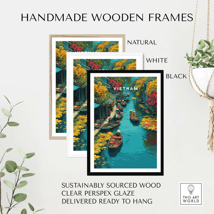 Handmade wooden frames in natural, white, and black, showcasing Hoi An Canal Boats print with lush greenery.