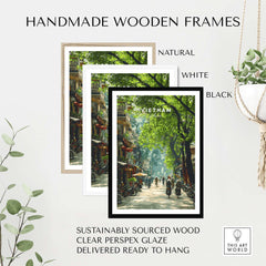 Vietnam Wall Art Poster framed in handmade wooden frames in natural, white, and black options.