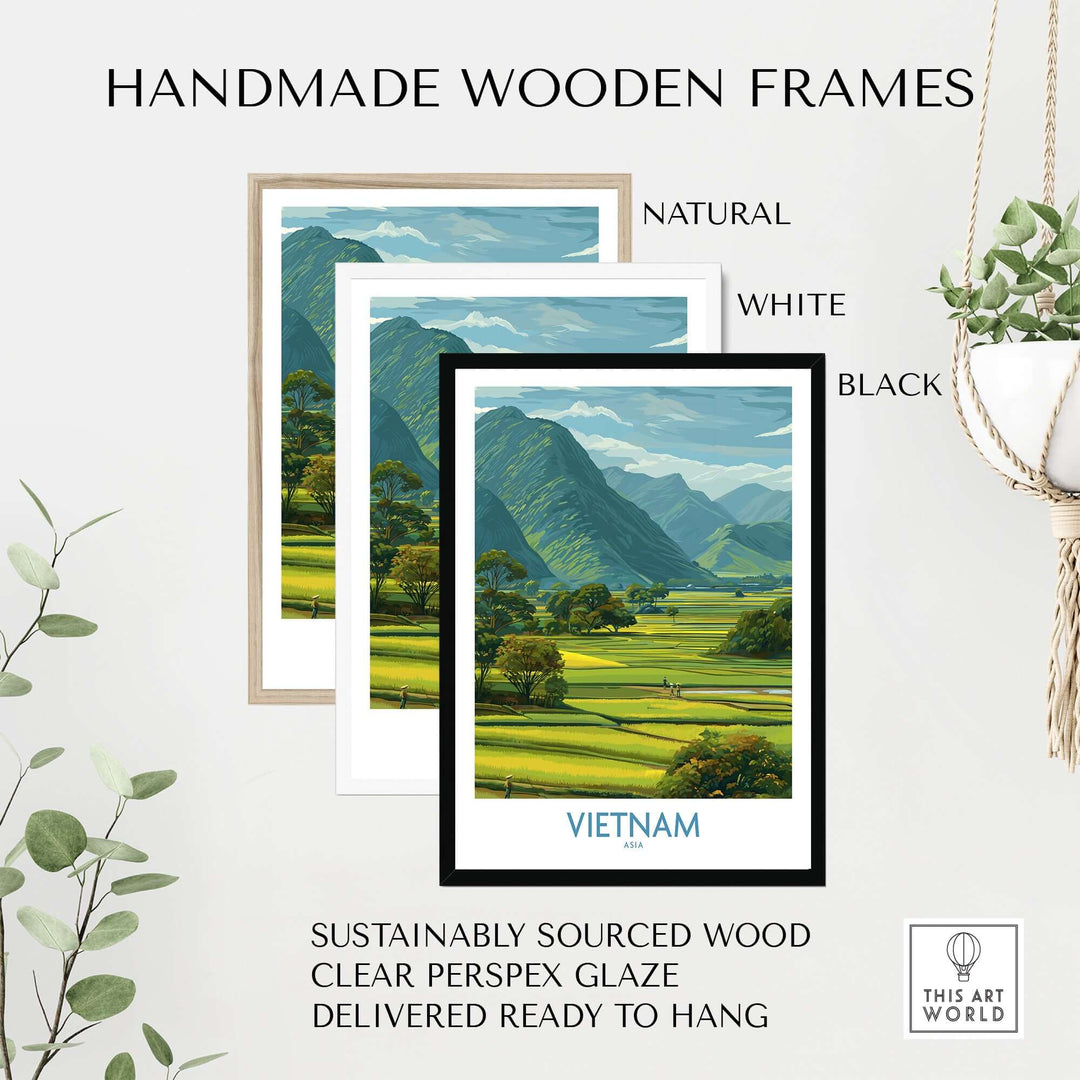 Handmade wooden frames in natural, white, and black for Vietnam countryside travel print, made from sustainably sourced wood.
