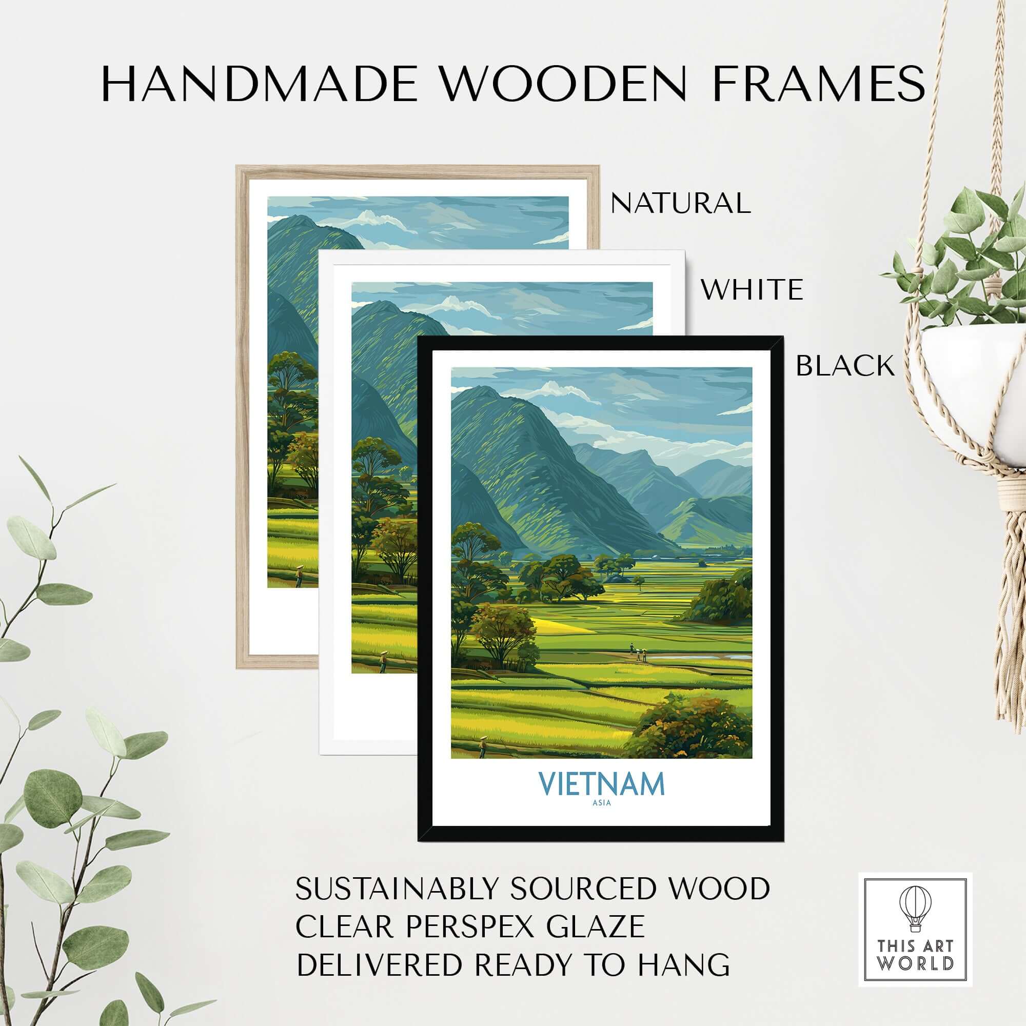Vietnam Wall Art - Vietnamese Countryside Travel Print with handmade wooden frames in natural, white, and black.
