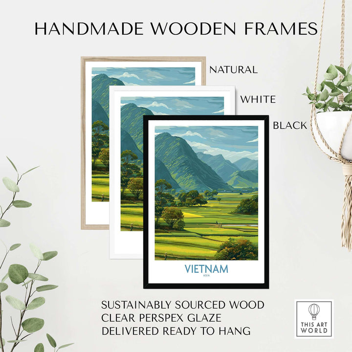 Handmade wooden frames in natural, white, and black for Vietnam countryside travel print, made from sustainably sourced wood.
