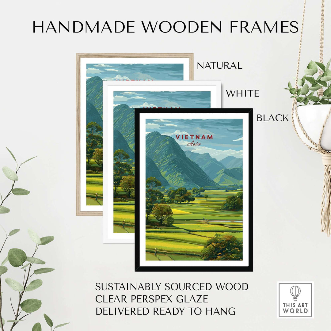 Handmade wooden frames in natural, white, and black styles for Vietnam landscape prints, made from sustainably sourced wood.
