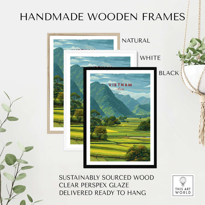 Handmade wooden frames in natural, white, and black styles for Vietnam landscape prints, made from sustainably sourced wood.